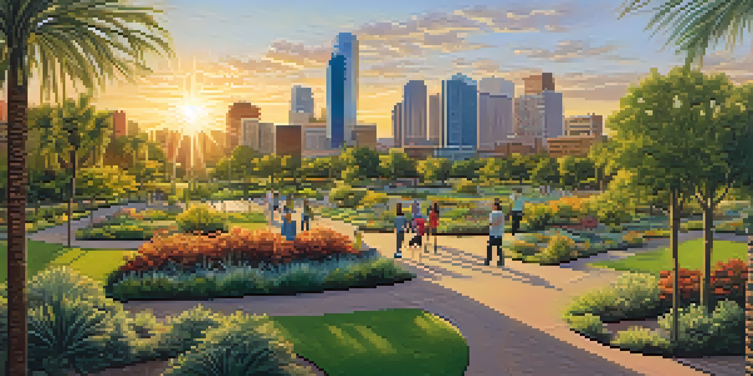 A scenic urban park in Phoenix, Arizona, filled with greenery, families, and birds, with skyscrapers in the background during sunset.