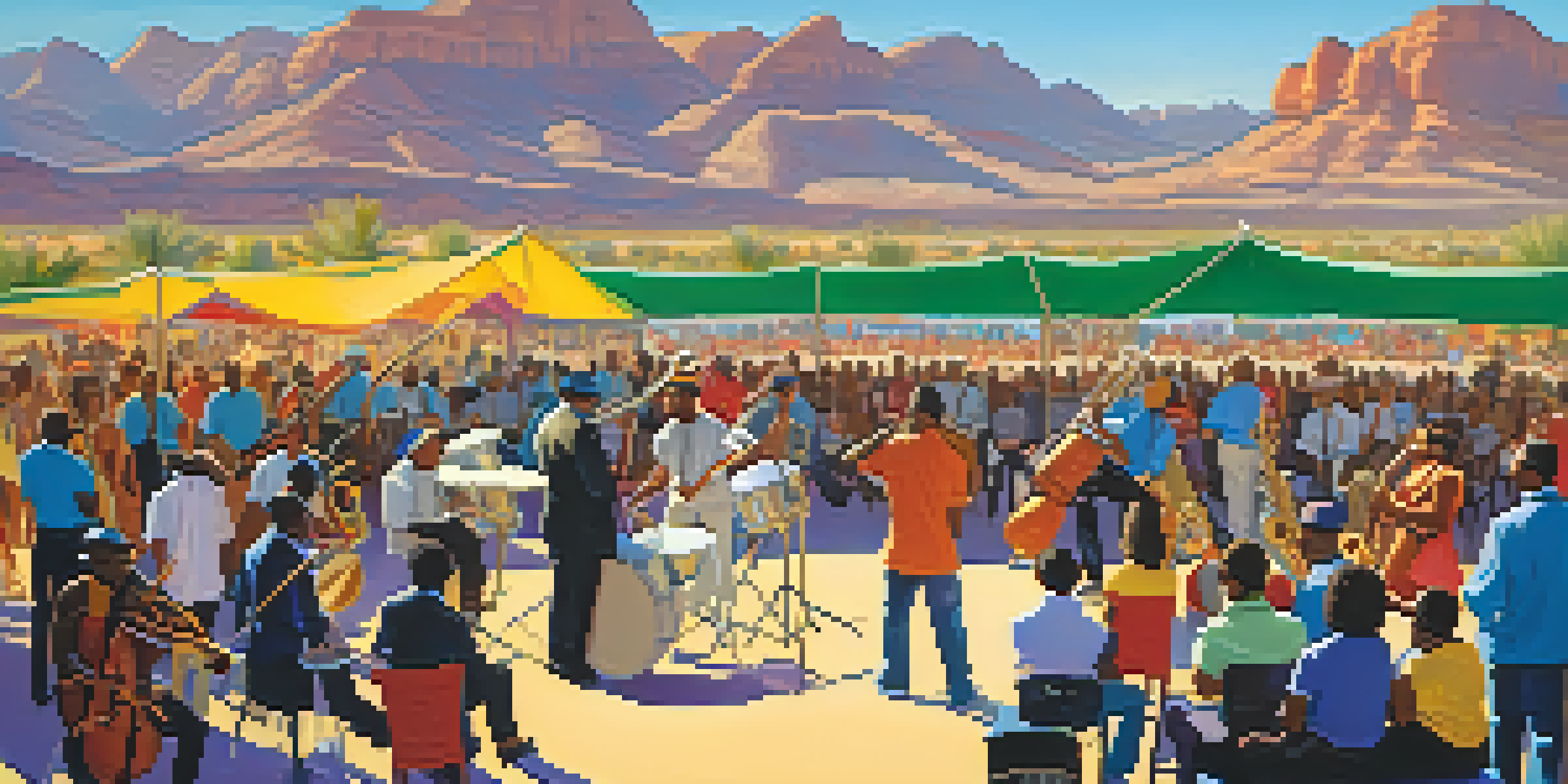 A lively jazz festival in Arizona with musicians performing and an enthusiastic crowd enjoying the music.