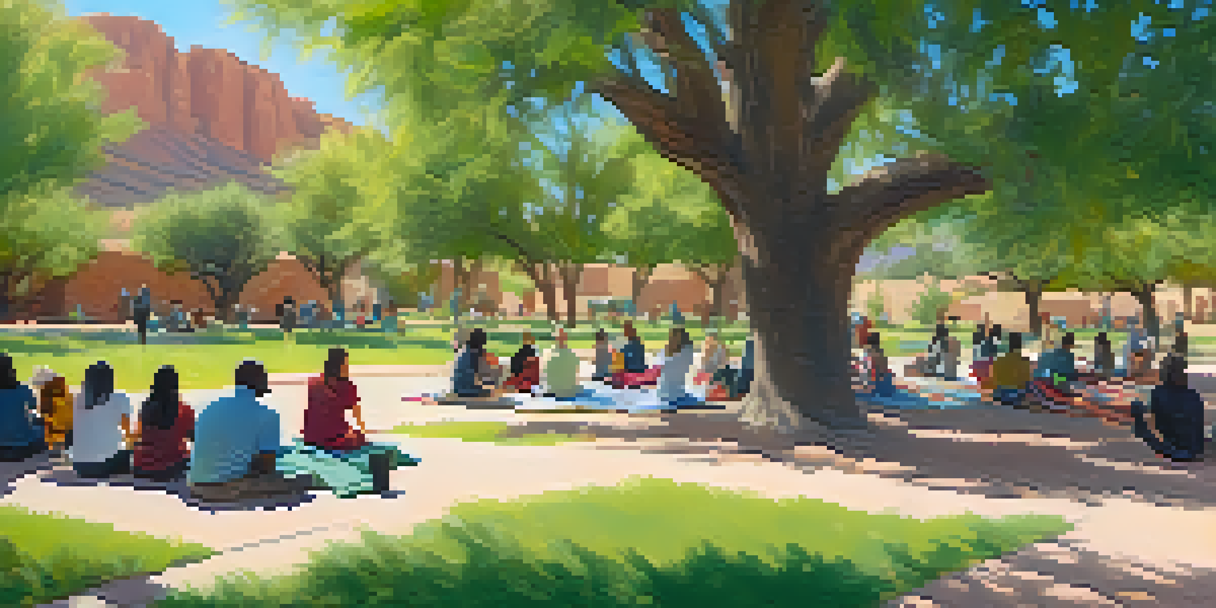 A community park in Arizona with diverse individuals participating in a mental health workshop, surrounded by trees and wildflowers.