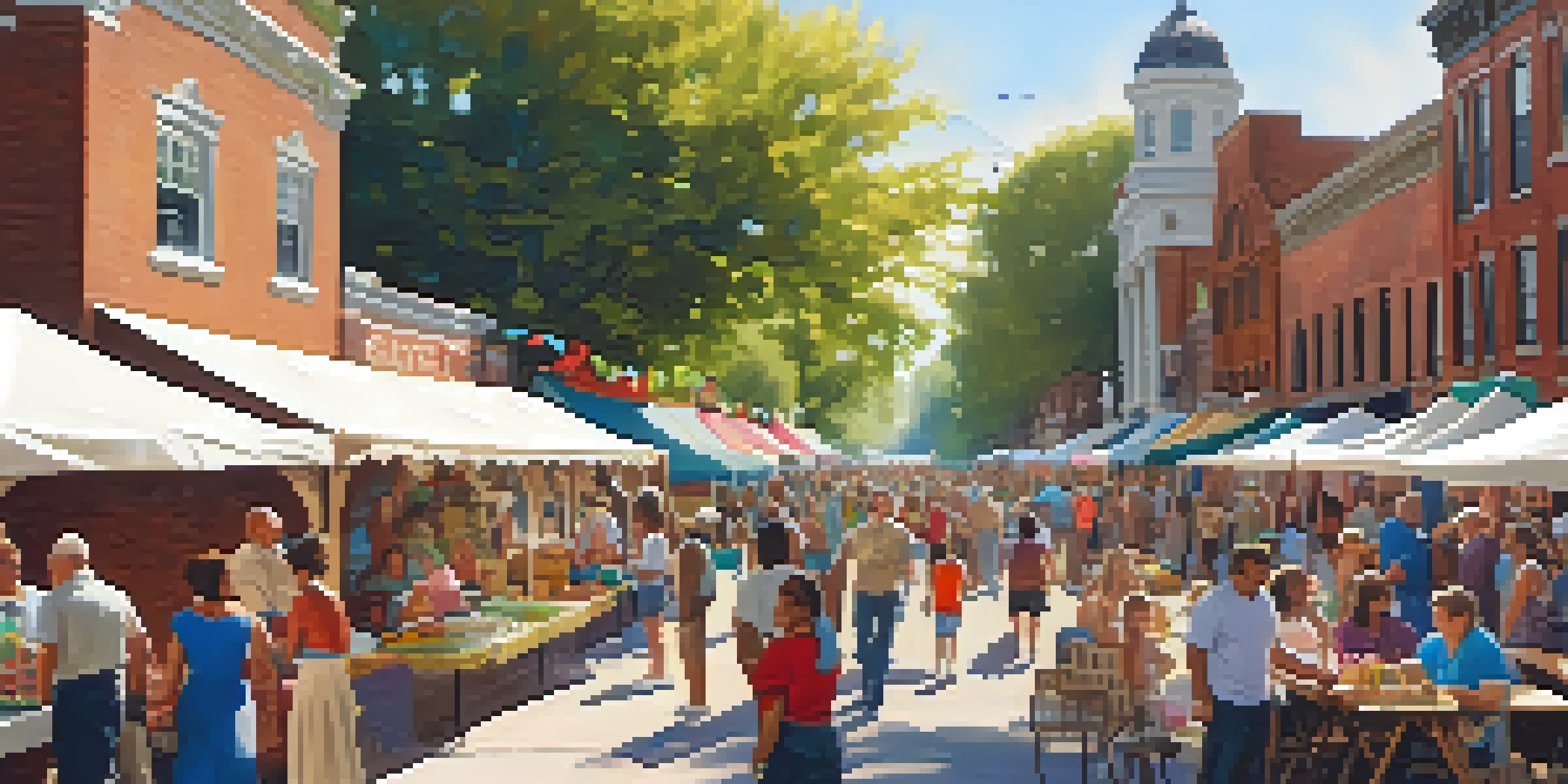A lively community event with diverse attendees, colorful tents, and historic buildings in the background.