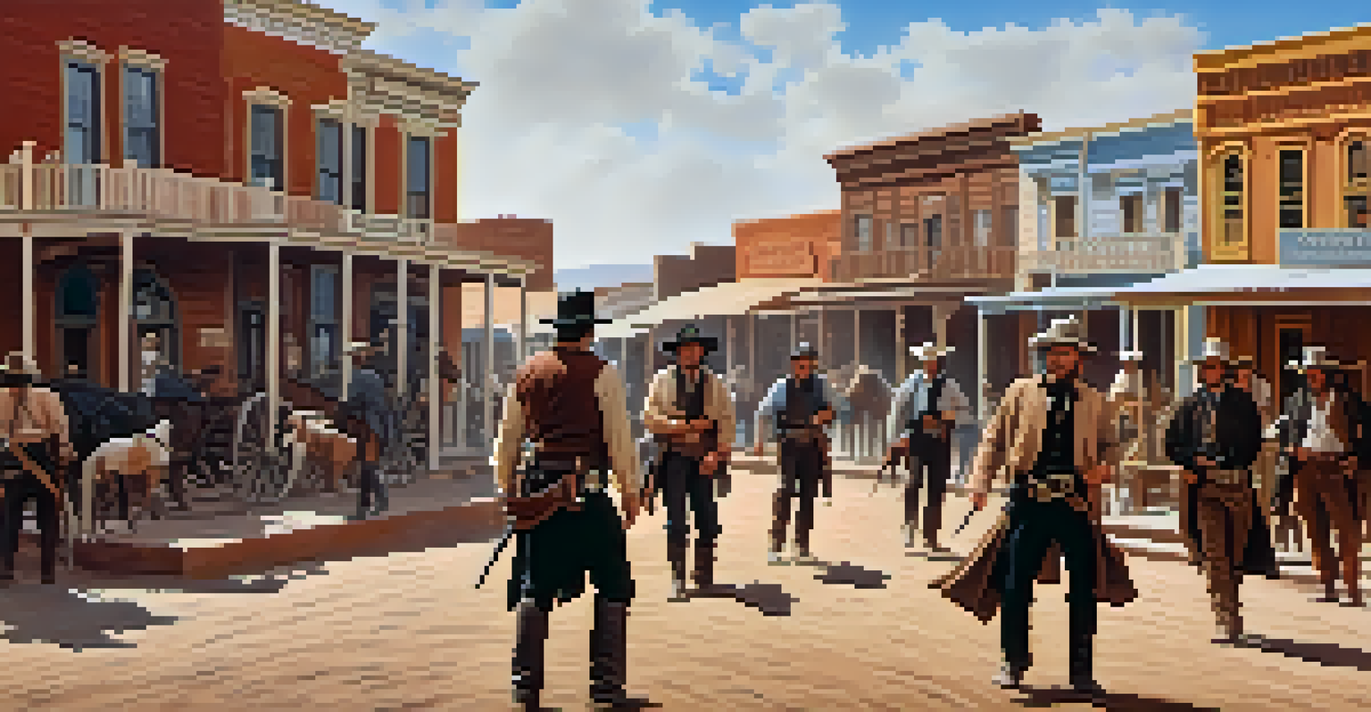 A reenactment of the gunfight at the O.K. Corral in Tombstone, Arizona, with cowboys and tourists in a historic setting.