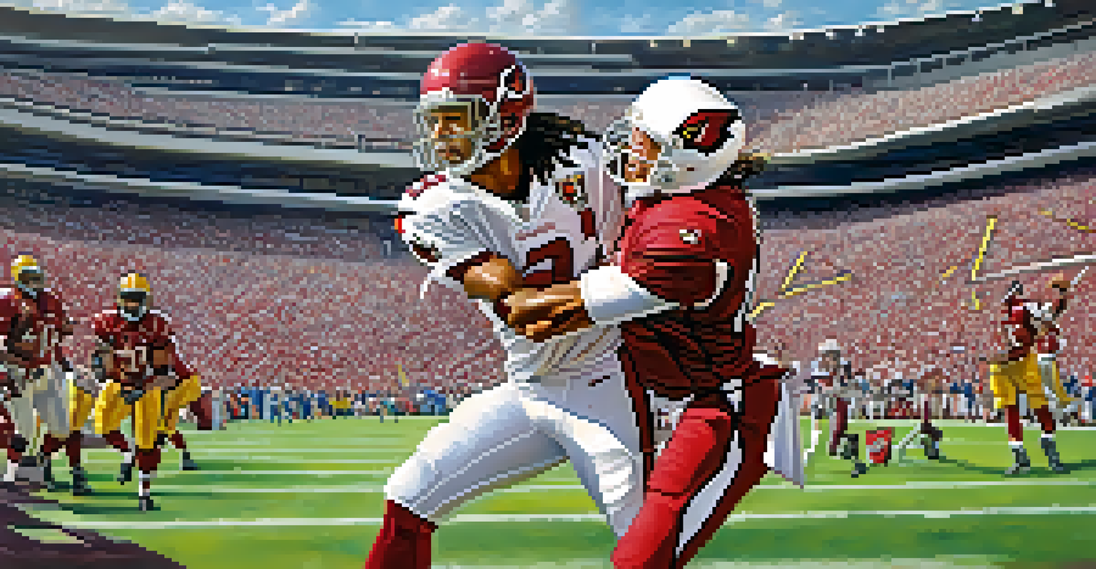 A depiction of Arizona Cardinals legends Larry Fitzgerald catching a pass and Kurt Warner throwing, with a blurred stadium full of excited fans in the background.