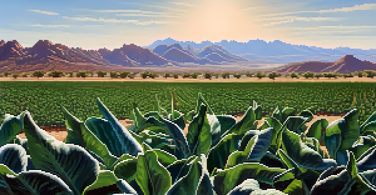 Close-up of drought-resistant crops in an Arizona farm with blue sky in the background.