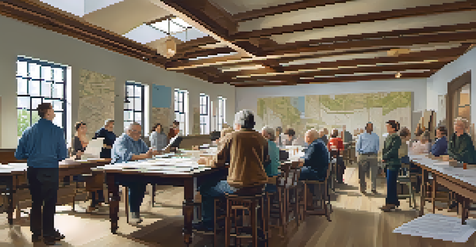 A community workshop with diverse residents discussing historic preservation, surrounded by blueprints and posters of historic sites in a bright room.