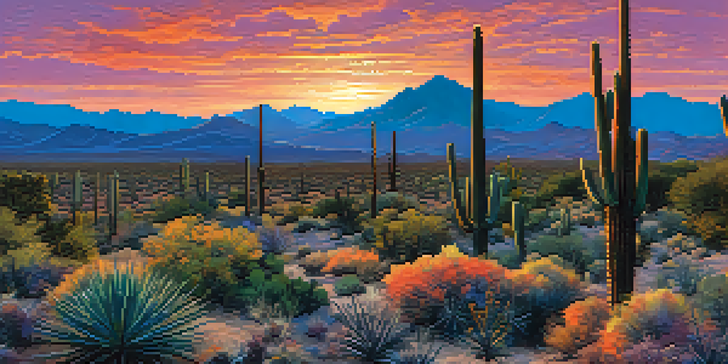 A panoramic view of the Sonoran Desert during sunset with silhouetted cacti and colorful sky.