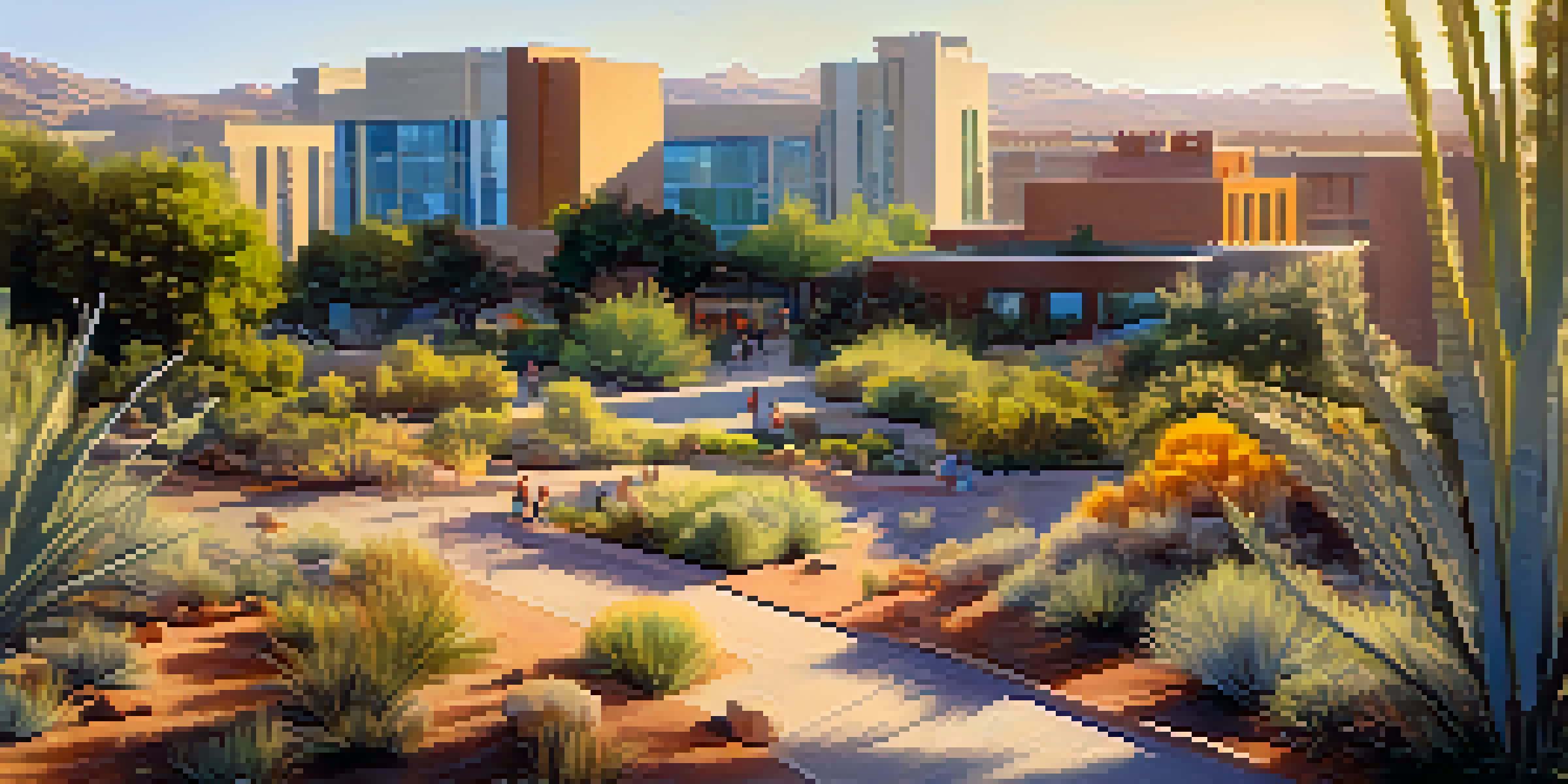 A colorful urban park in Arizona with native plants and wildlife, under golden hour lighting, showcasing a blend of nature and city.