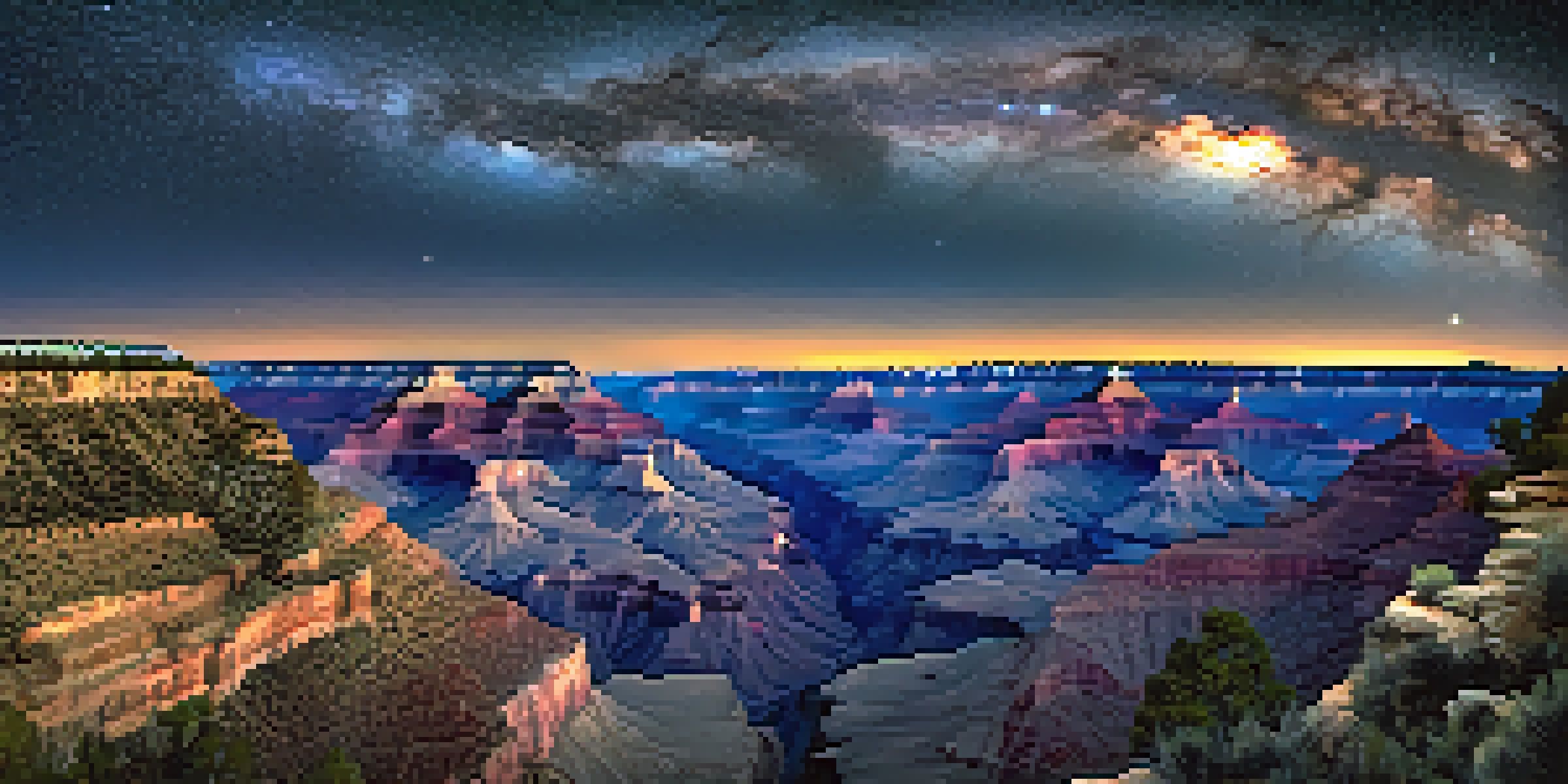 A starry night sky over the Grand Canyon with telescopes and visitors observing the stars.