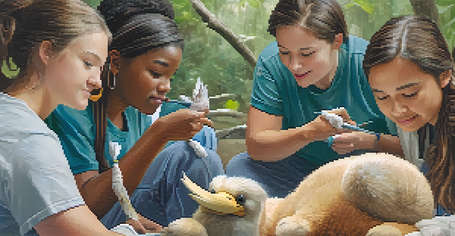 Volunteers participating in a wildlife rehabilitation workshop, learning animal care techniques with instructional materials.