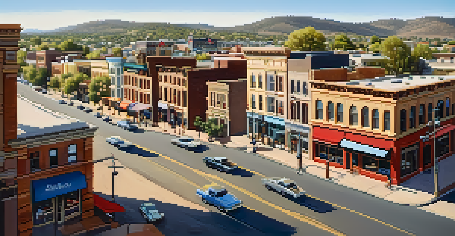 Aerial view of downtown Prescott, Arizona, with historic buildings and people enjoying the vibrant atmosphere.