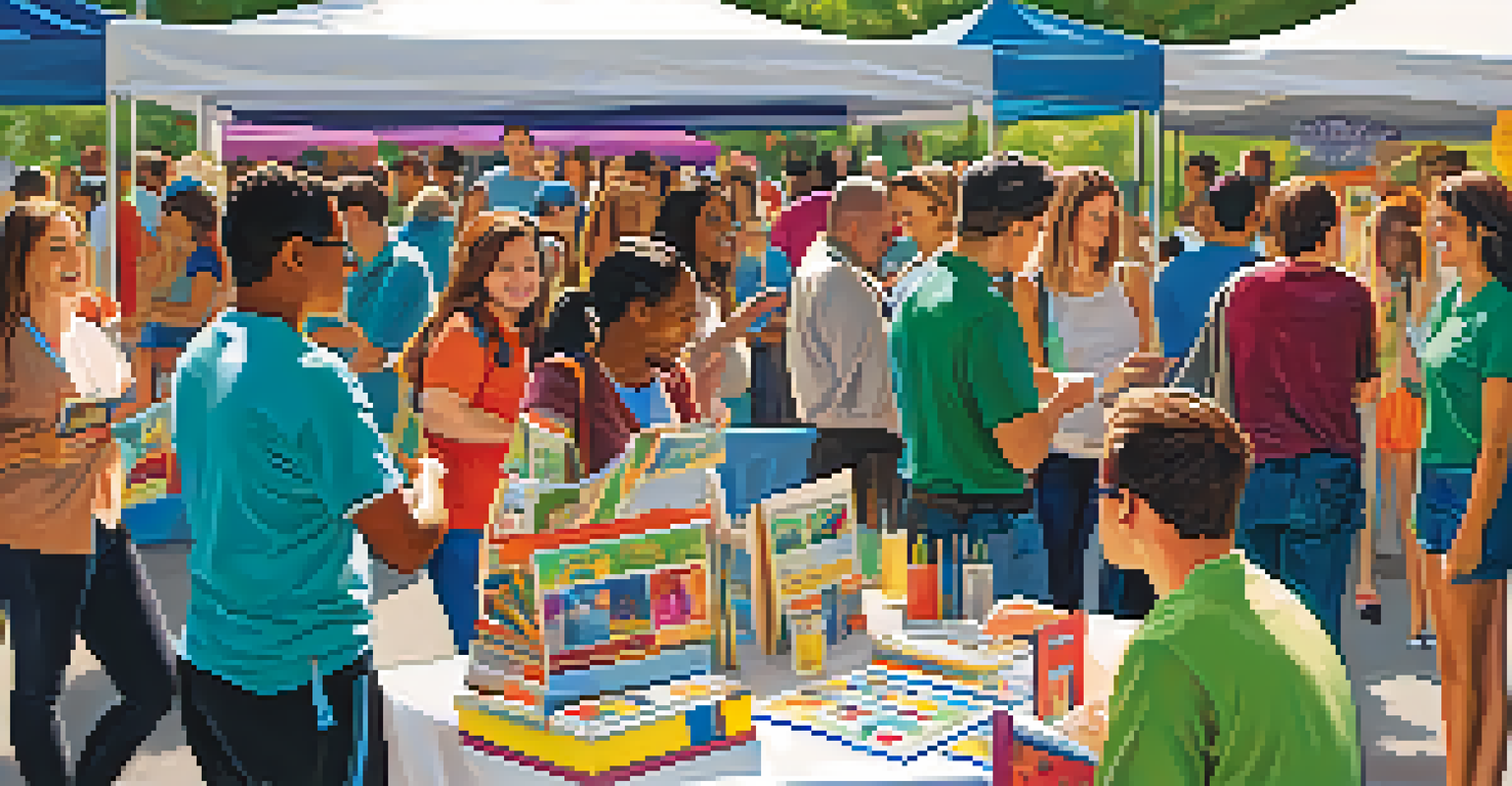 A vibrant community event at a local community college with booths and people interacting.