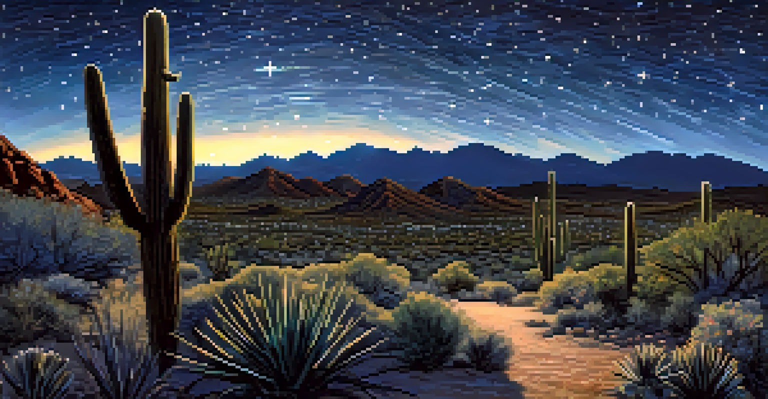 Silhouetted saguaro cacti in a desert landscape under a star-filled sky, with the Milky Way visible.