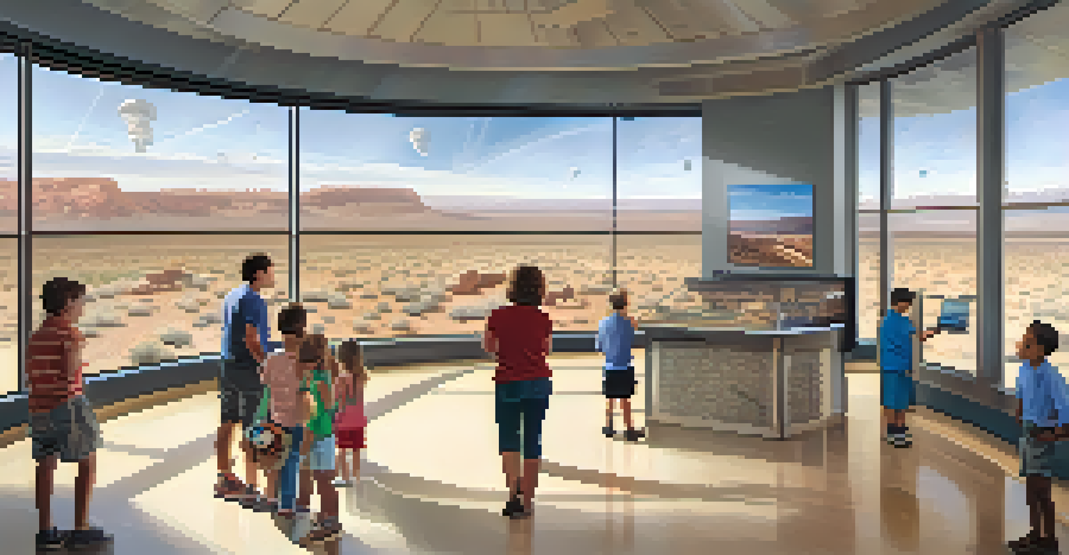 Visitors inside the Meteor Crater visitor center engaging with educational exhibits about meteor impacts.