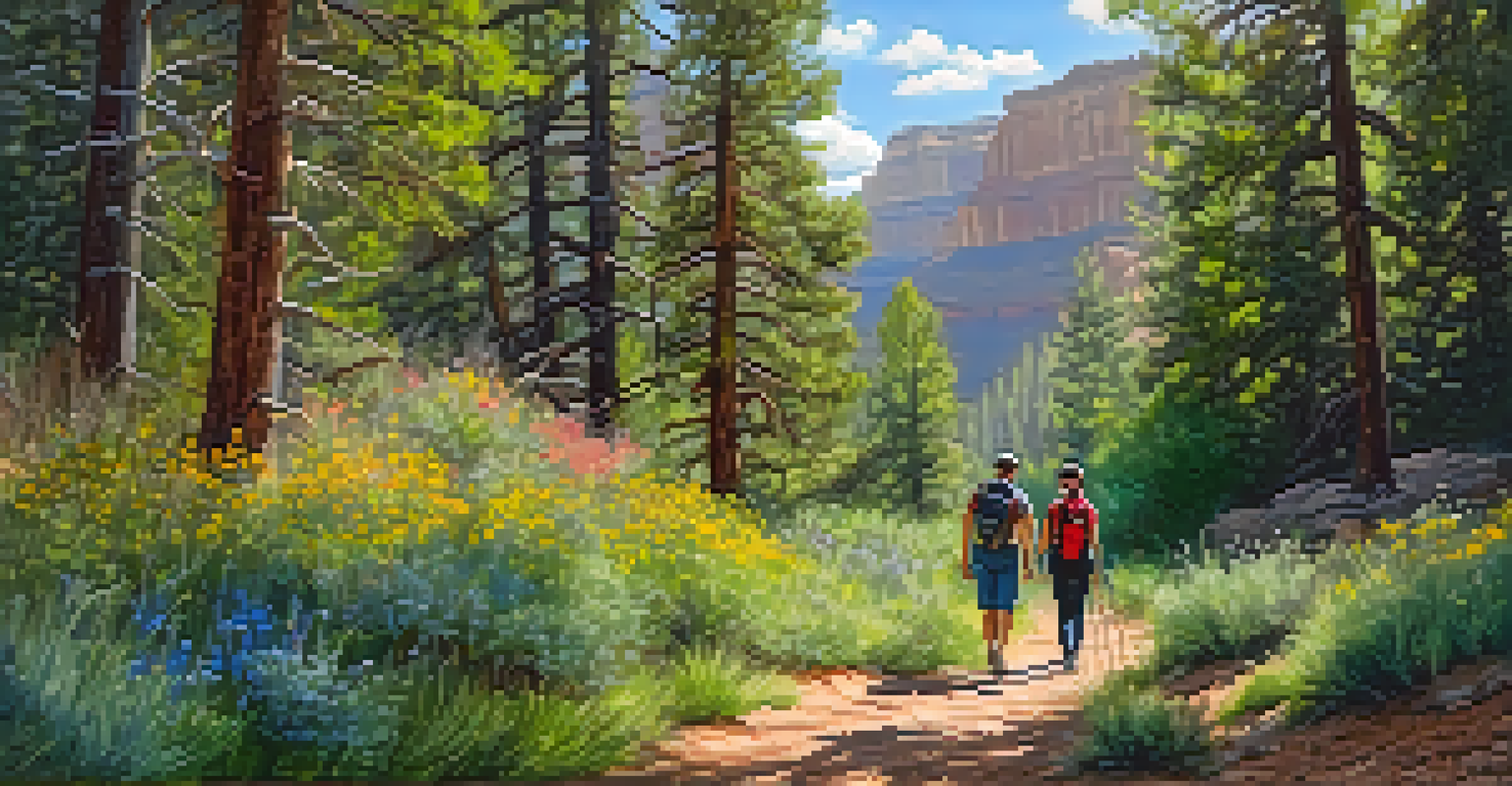 A peaceful hiking trail with wildflowers and a stream near the Grand Canyon, featuring a couple walking.
