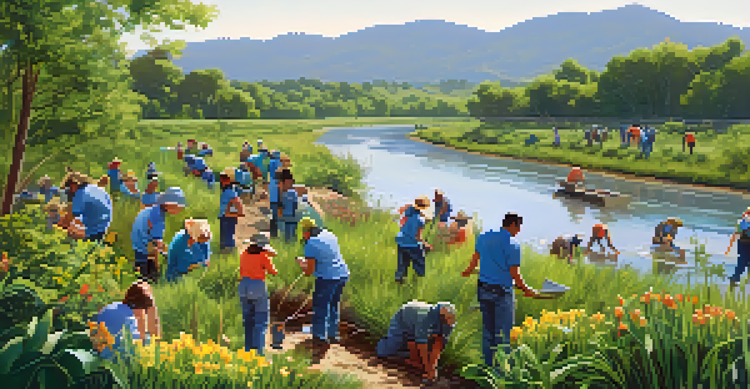 Volunteers planting native plants along a riverbank in a conservation effort.