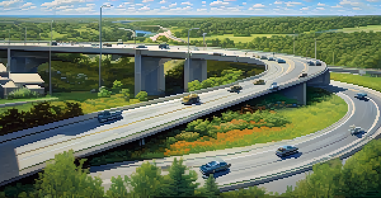 A wildlife corridor overpass filled with plants, allowing animals to cross over a busy highway, with vehicles below.