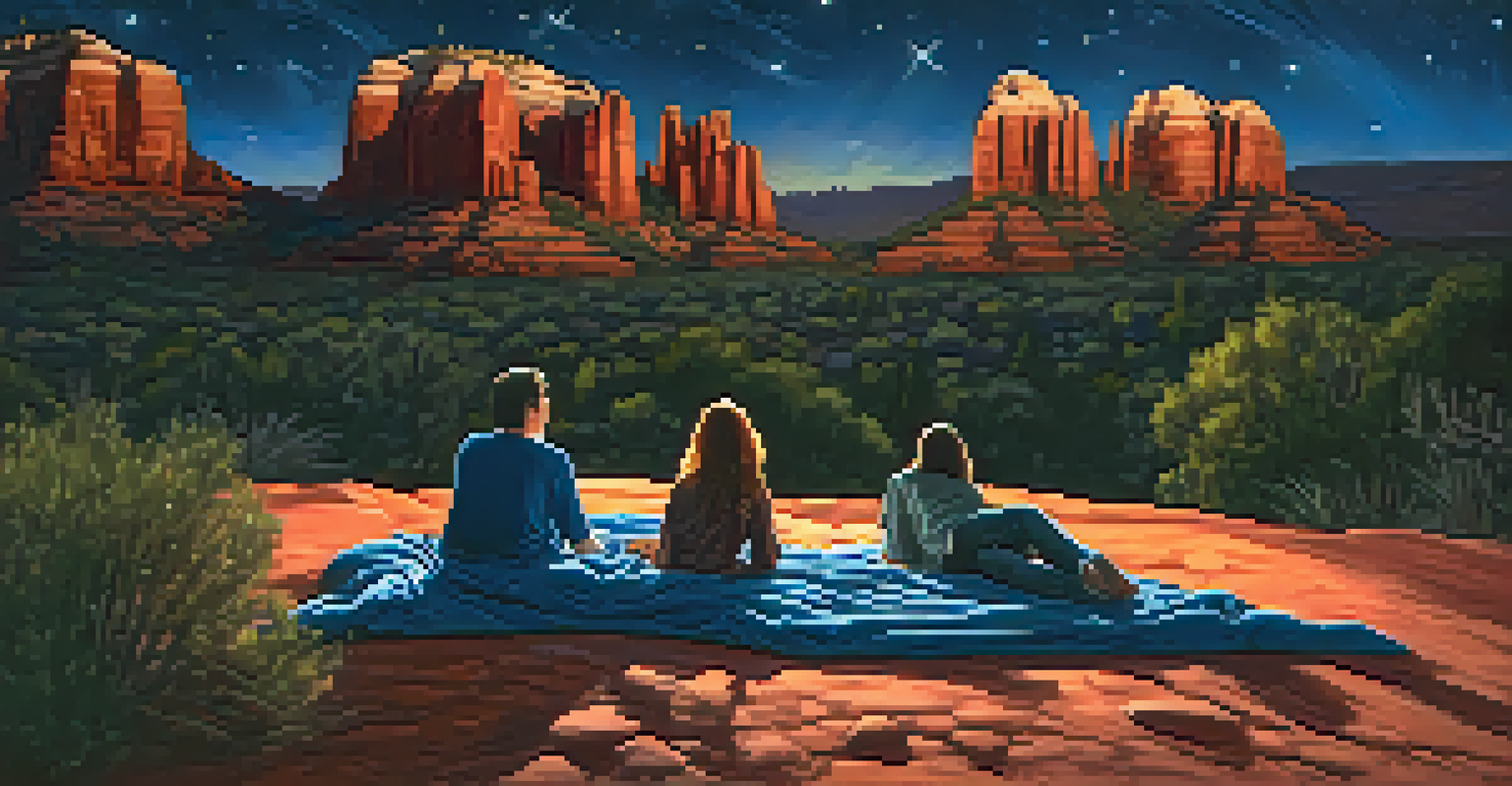 A couple lying on a blanket under a starry sky in Sedona, with red rock formations in the background.