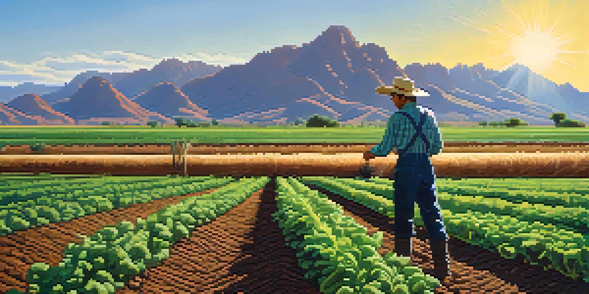 A farmer planting cover crops in healthy soil on an Arizona farm, with green crops and mountains in the background.