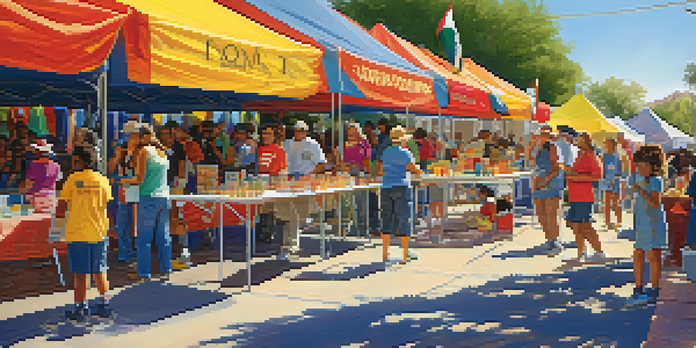 A lively community service fair in Arizona with colorful booths and diverse volunteers interacting with residents, under a bright sunny sky.