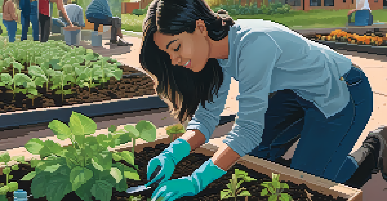 A student planting a tree in a community garden, emphasizing hands-on sustainability efforts.