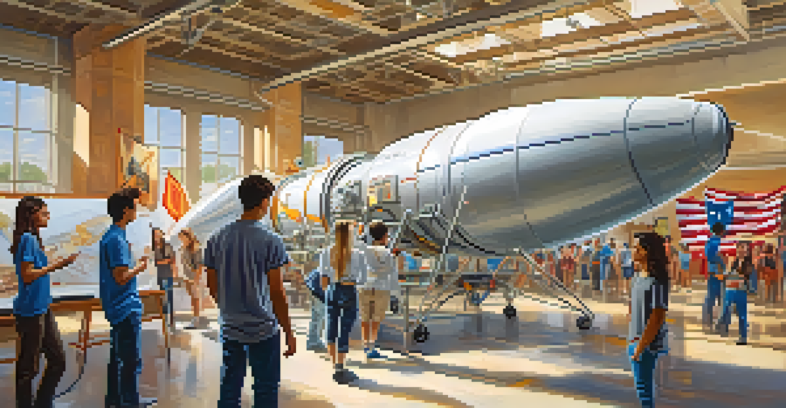 Students at Arizona State University working on an aerospace engineering project with a model rocket in a brightly lit room.