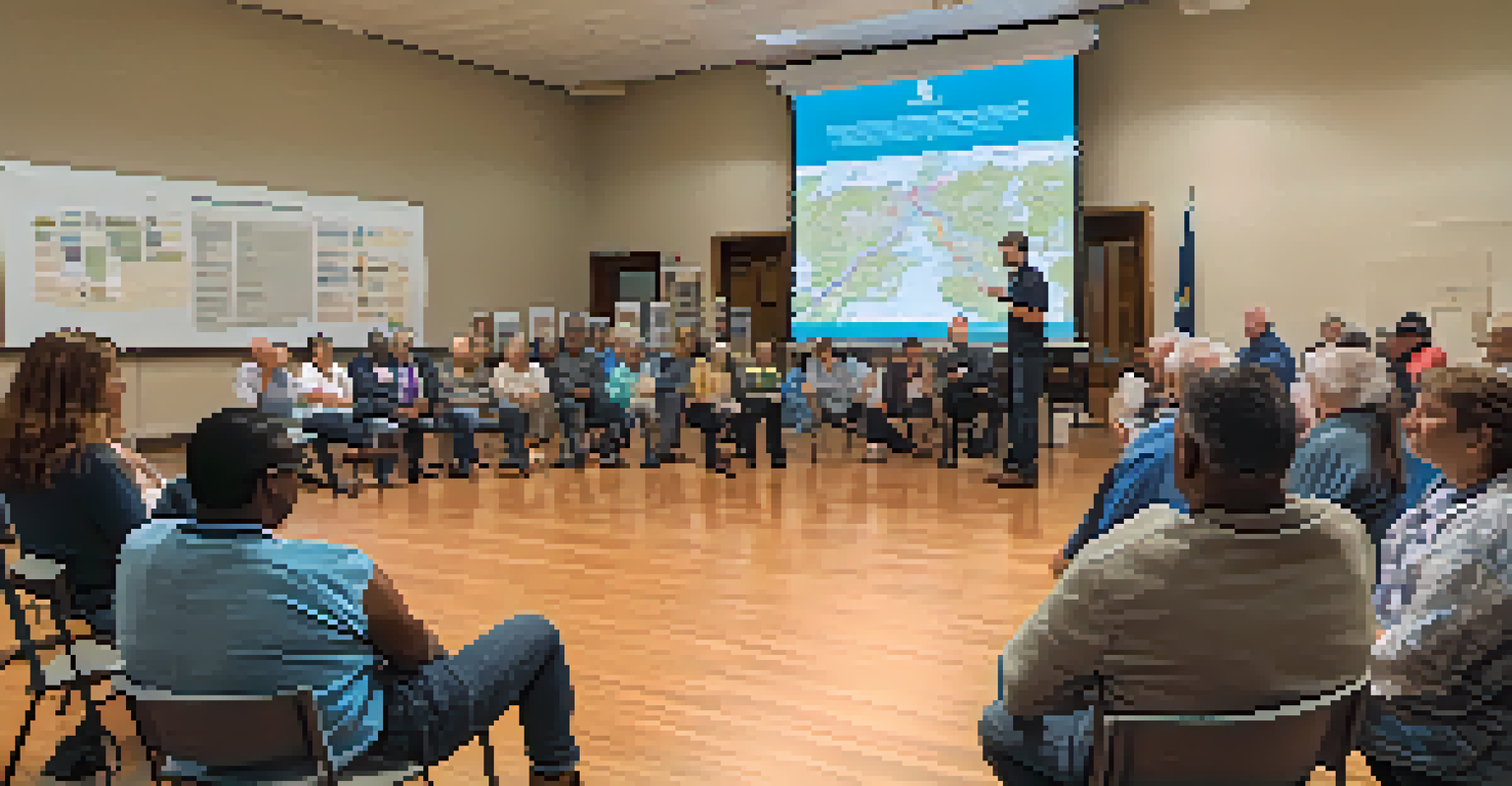 Residents attend a community workshop on flood preparedness, listening to a speaker with informational materials around.