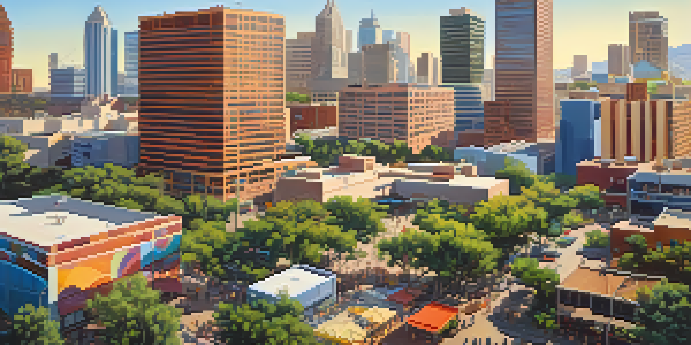 A colorful view of Phoenix with skyscrapers, entrepreneurs working outdoors, and bright murals under a clear sky.
