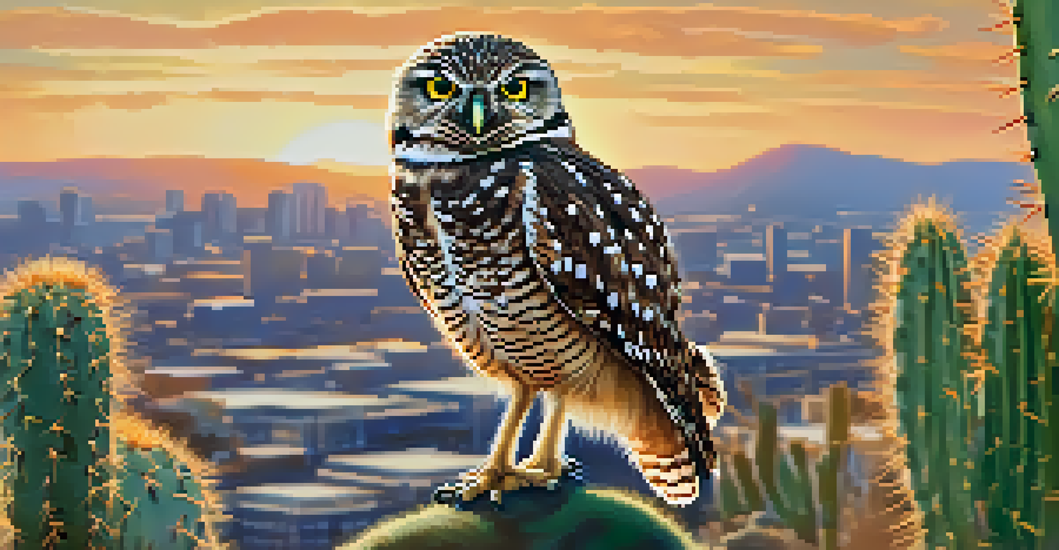 A Western burrowing owl on a cactus with a blurred city skyline in the background, creating a contrast between wildlife and urban development.