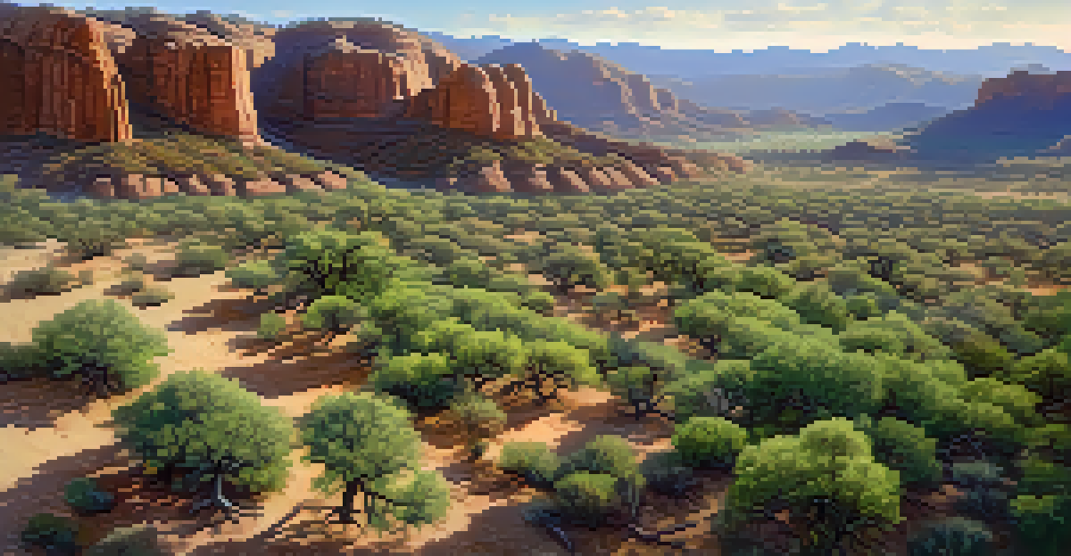 An aerial view of the Oak Flat area in Arizona, showing lush greenery and sacred sites among rock formations, illuminated by morning light.