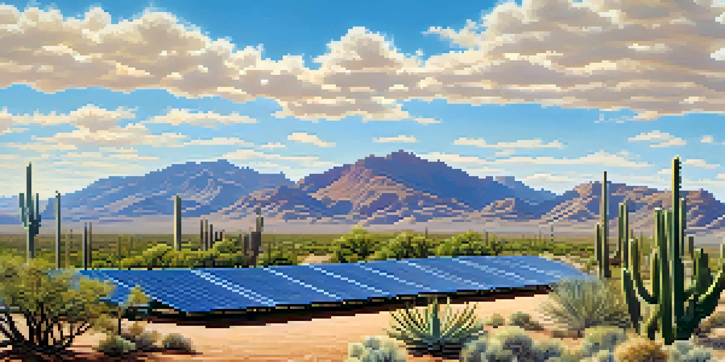 A panoramic view of Arizona's desert with solar panels and cacti under a bright blue sky.