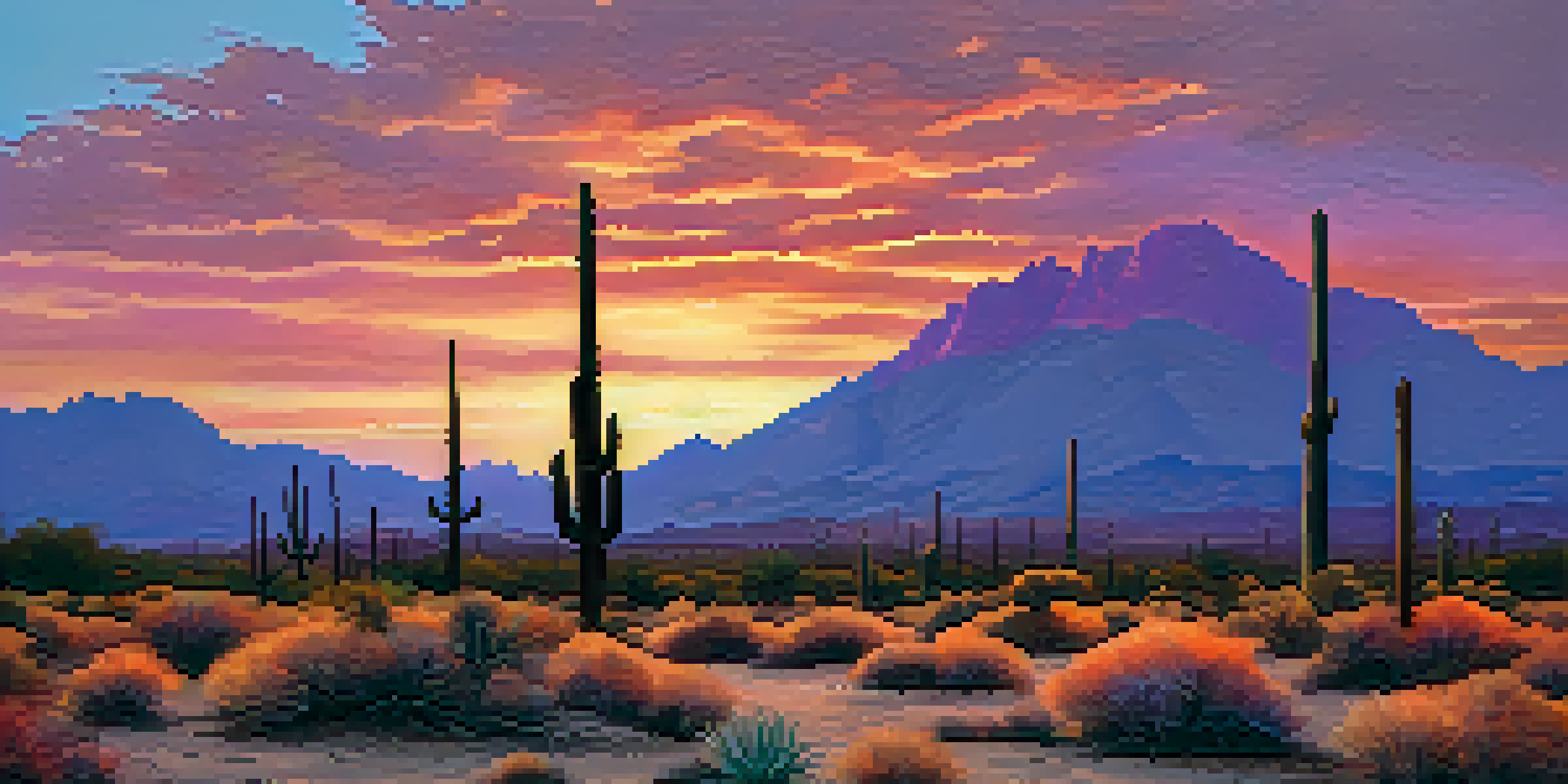 A beautiful Arizona sunset over a desert landscape with saguaro cacti and a dry riverbed, showing warm colors in the sky.