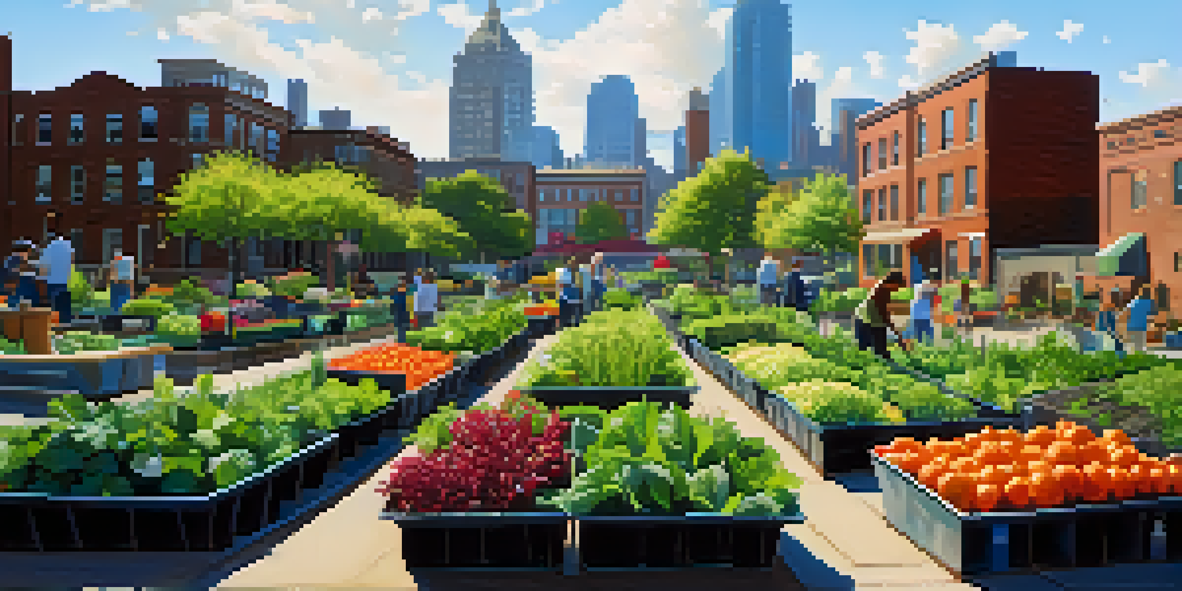 A diverse group of community members working in a colorful urban garden, surrounded by vegetables and flowers under a sunny sky.