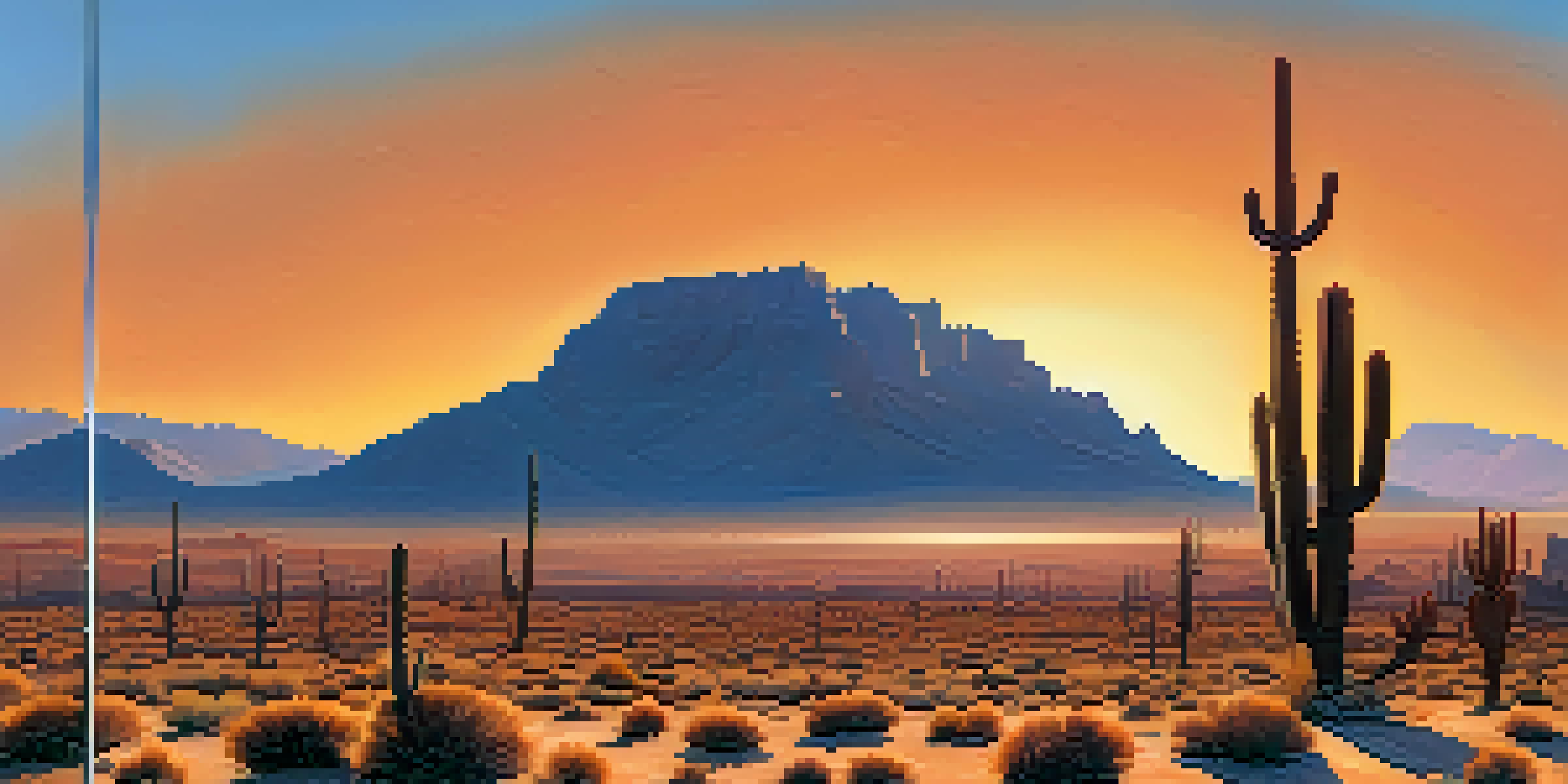 A sweeping vista of Arizona's desert landscape during sunset, featuring red and orange terrain, cacti, and mountains under a clear sky.