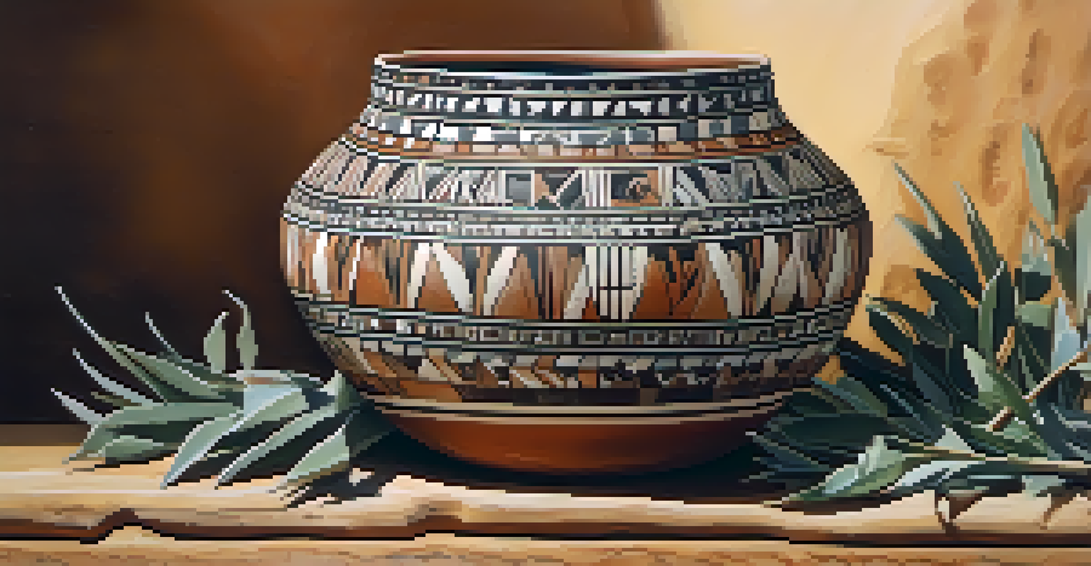 An intricate Native American pottery piece with geometric designs on a wooden surface, surrounded by natural elements.