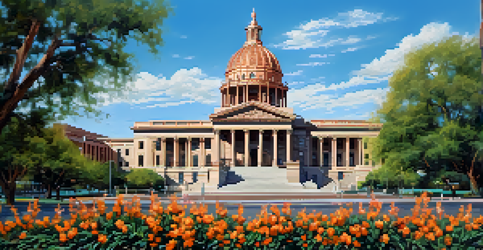 A beautiful exterior view of the Arizona State Capitol building with a copper dome and colorful flowers in the foreground.