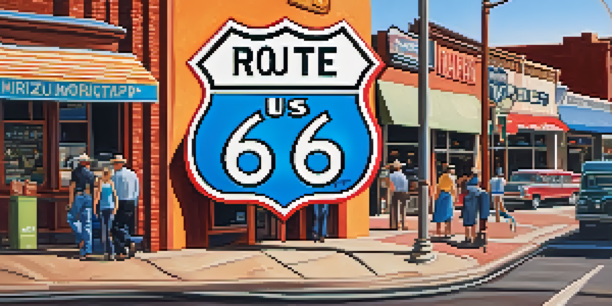 A vintage Route 66 sign in downtown Flagstaff, surrounded by colorful shops and pedestrians under bright sunlight.