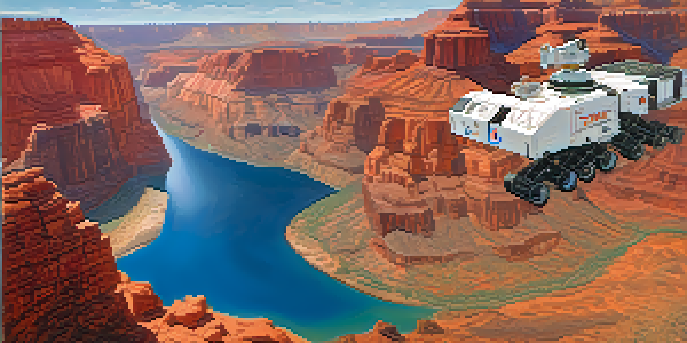 A scenic view of the Grand Canyon with a NASA rover in the foreground, highlighting Arizona's landscape and its role in space research.