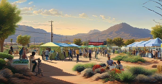 A community health fair in a sunny Arizona landscape with people engaging in discussions, booths with educational materials, and industrial structures in the background.