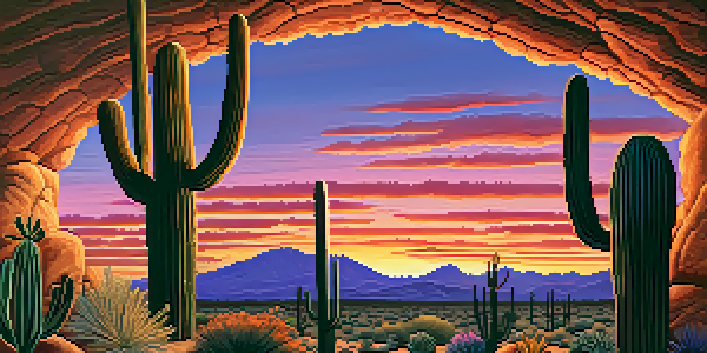 A colorful sunset casts shades of orange, pink, and purple over the Arizona desert, with cacti silhouetted in the foreground.