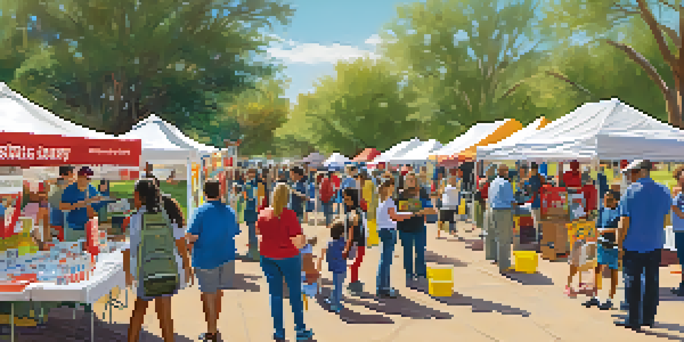 A community preparedness fair in an Arizona park, featuring various booths and families engaging in activities related to disaster preparedness.