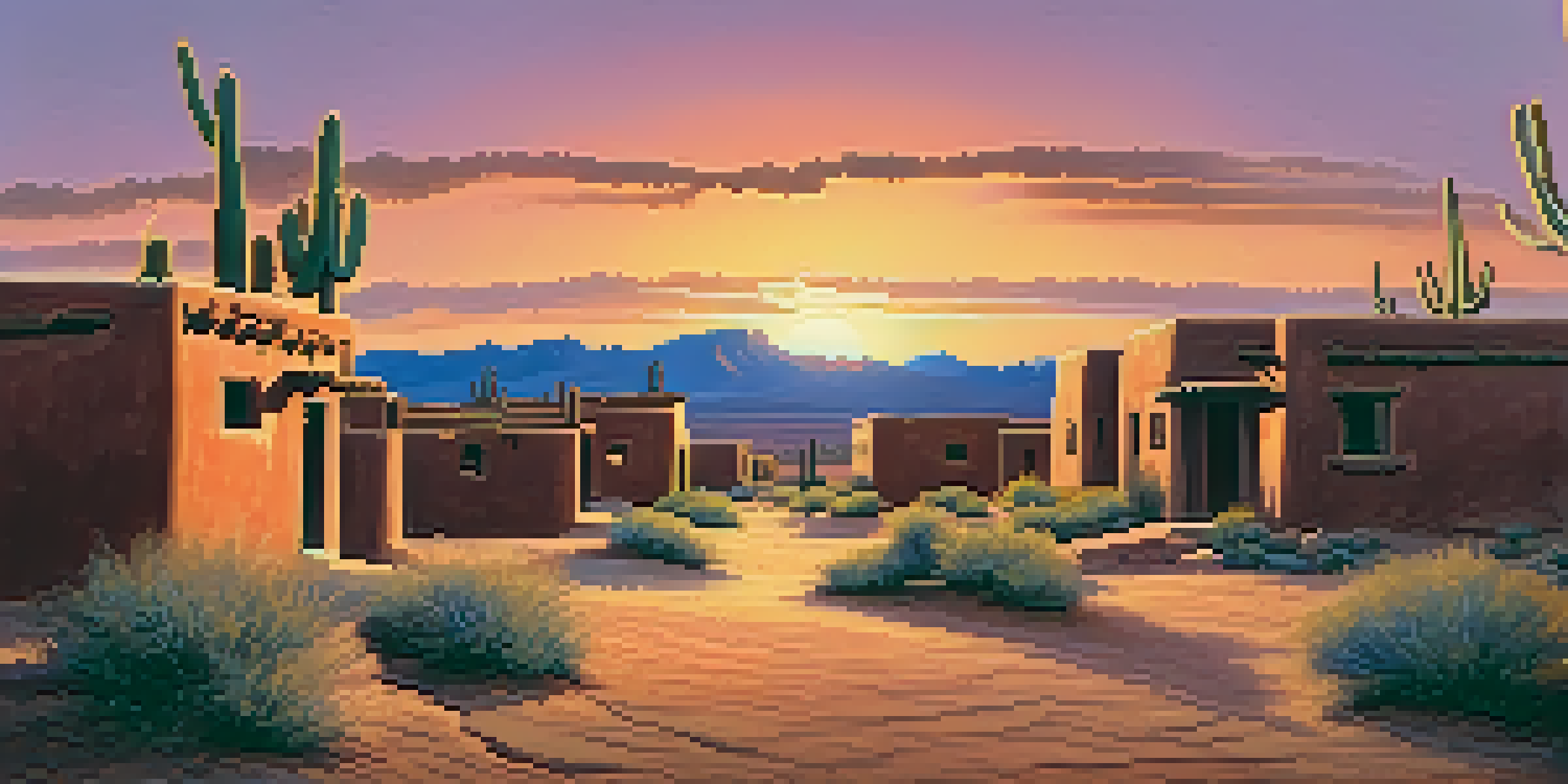 A sunset view of a traditional Native American pueblo in Arizona, featuring adobe buildings and desert plants.
