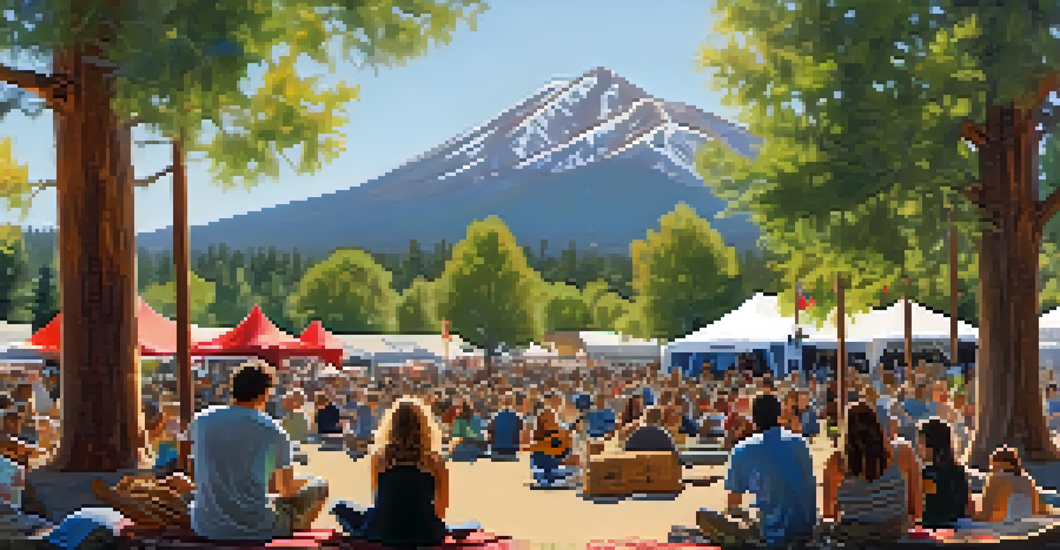A folk festival in Flagstaff with musicians playing in front of the San Francisco Peaks, and attendees enjoying the performances amidst trees and local art displays.