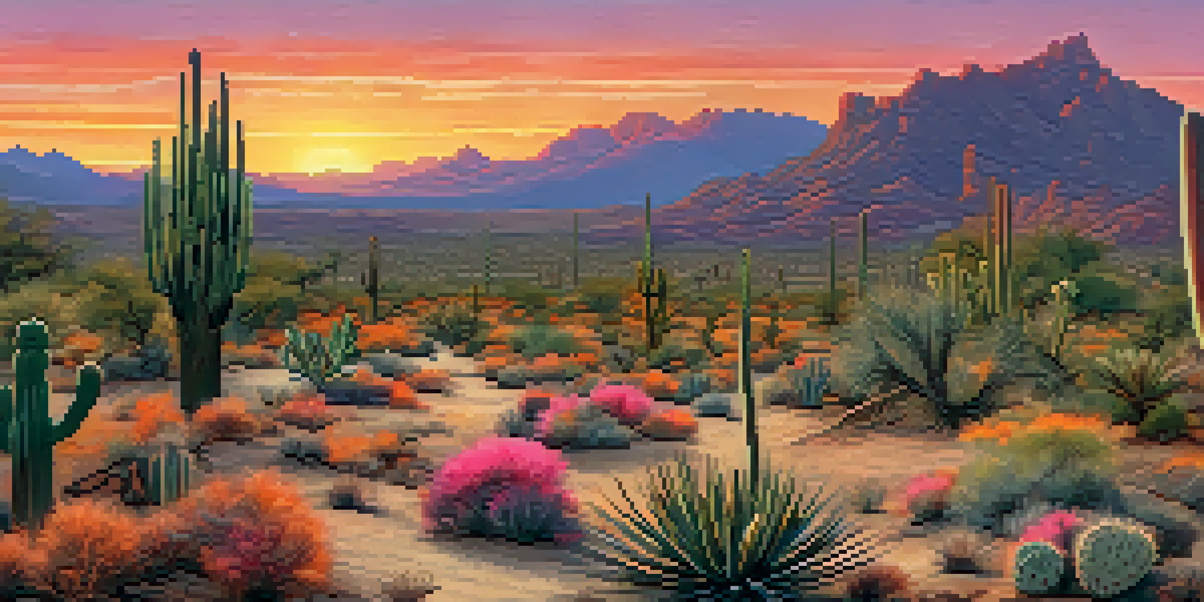 A panoramic view of the Sonoran Desert at sunset with cacti and desert animals.