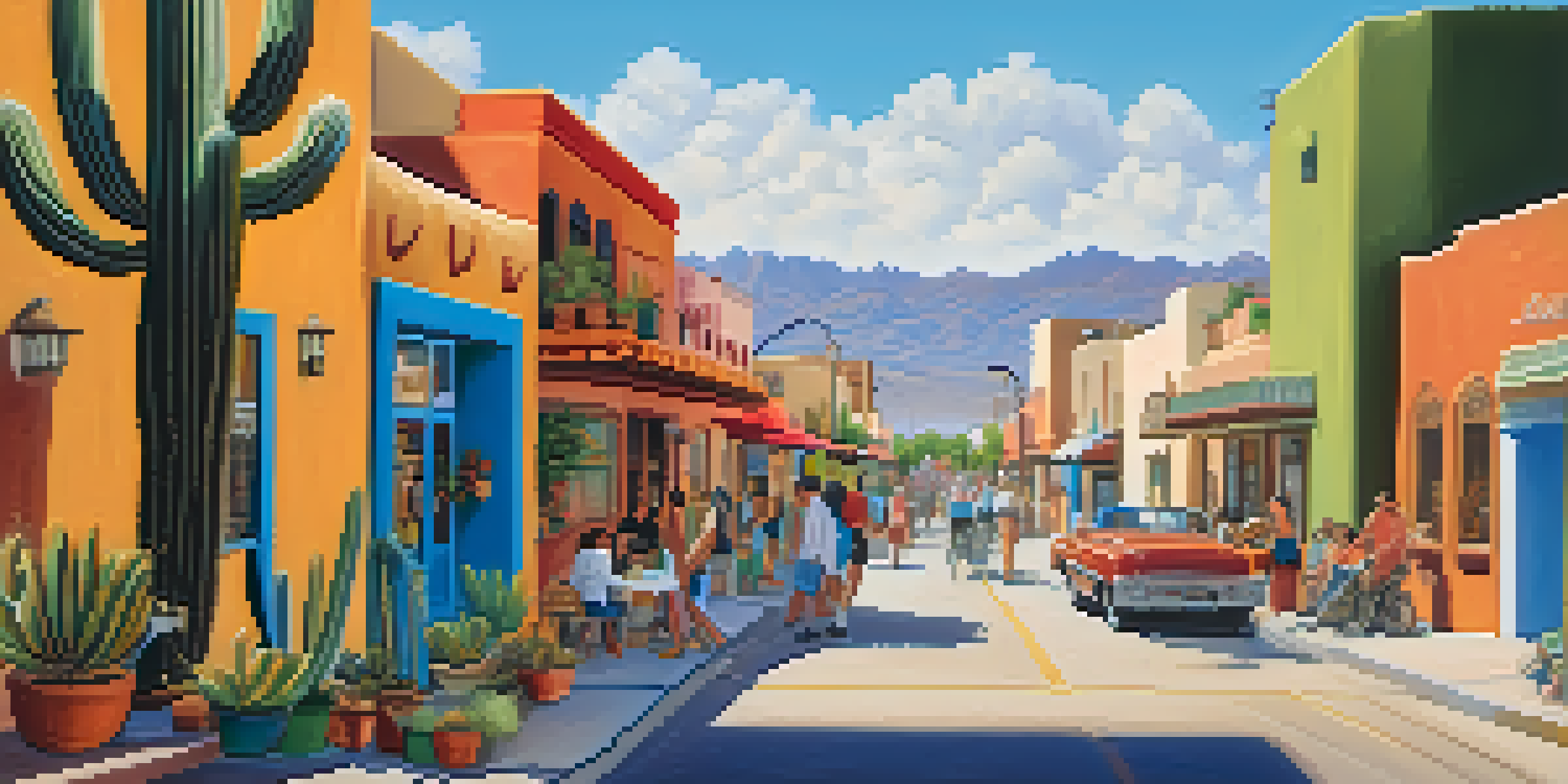 A lively street scene in a diverse Arizona neighborhood with colorful murals, people at outdoor cafes, and desert flora.
