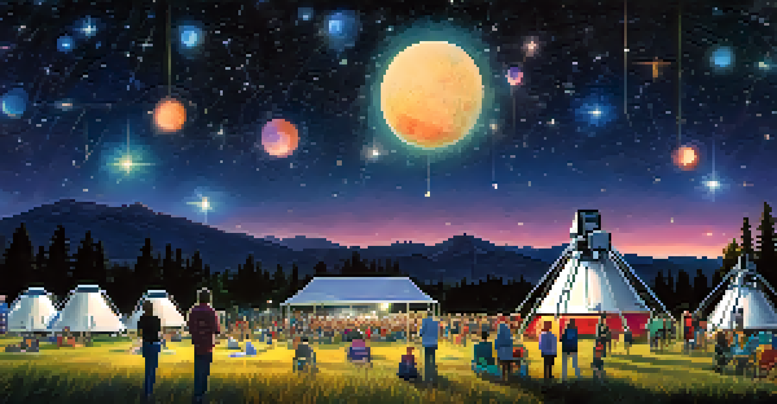 A vibrant scene of the Flagstaff Dark Sky Festival with people gathered around telescopes under a starry sky.
