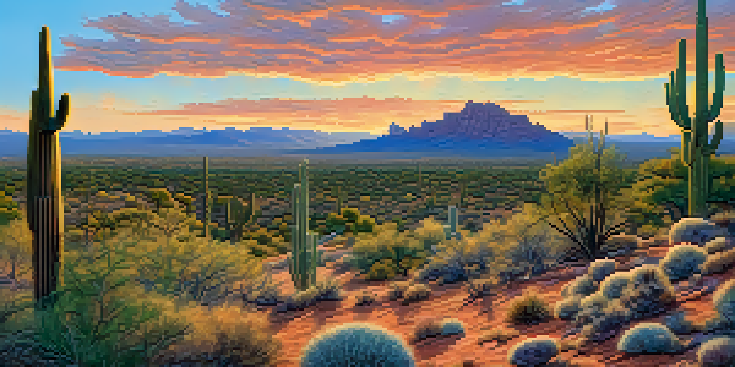A panoramic view of Arizona's diverse landscapes, showing a desert with cacti in the foreground and lush forests in the background, illuminated by a warm sunset.