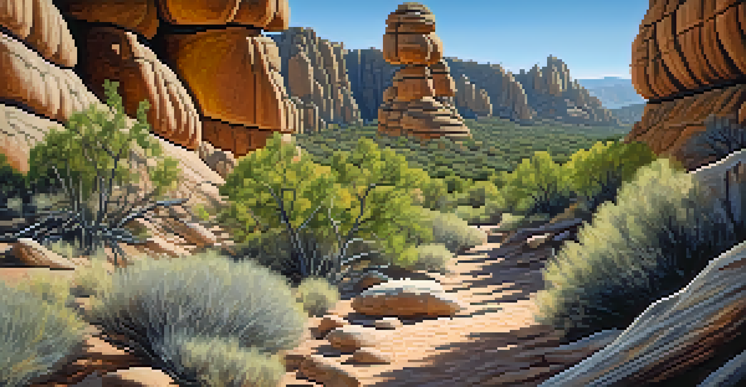 Dramatic hoodoo rock formations in Chiricahua National Monument with hikers on a scenic trail under a blue sky.