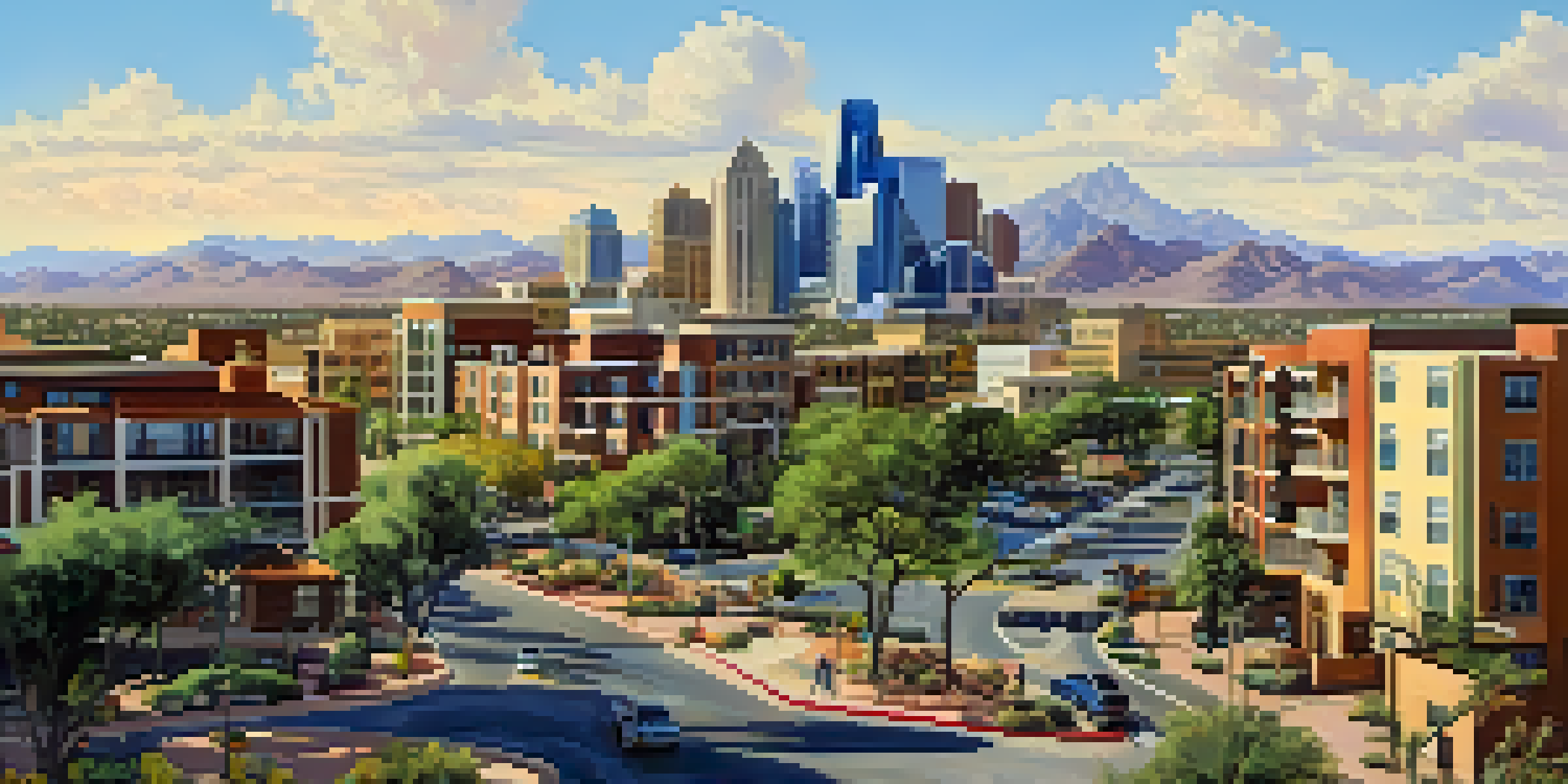A bustling city park in Phoenix, Arizona, filled with families enjoying the outdoors, surrounded by a mix of modern and traditional homes under a clear blue sky.