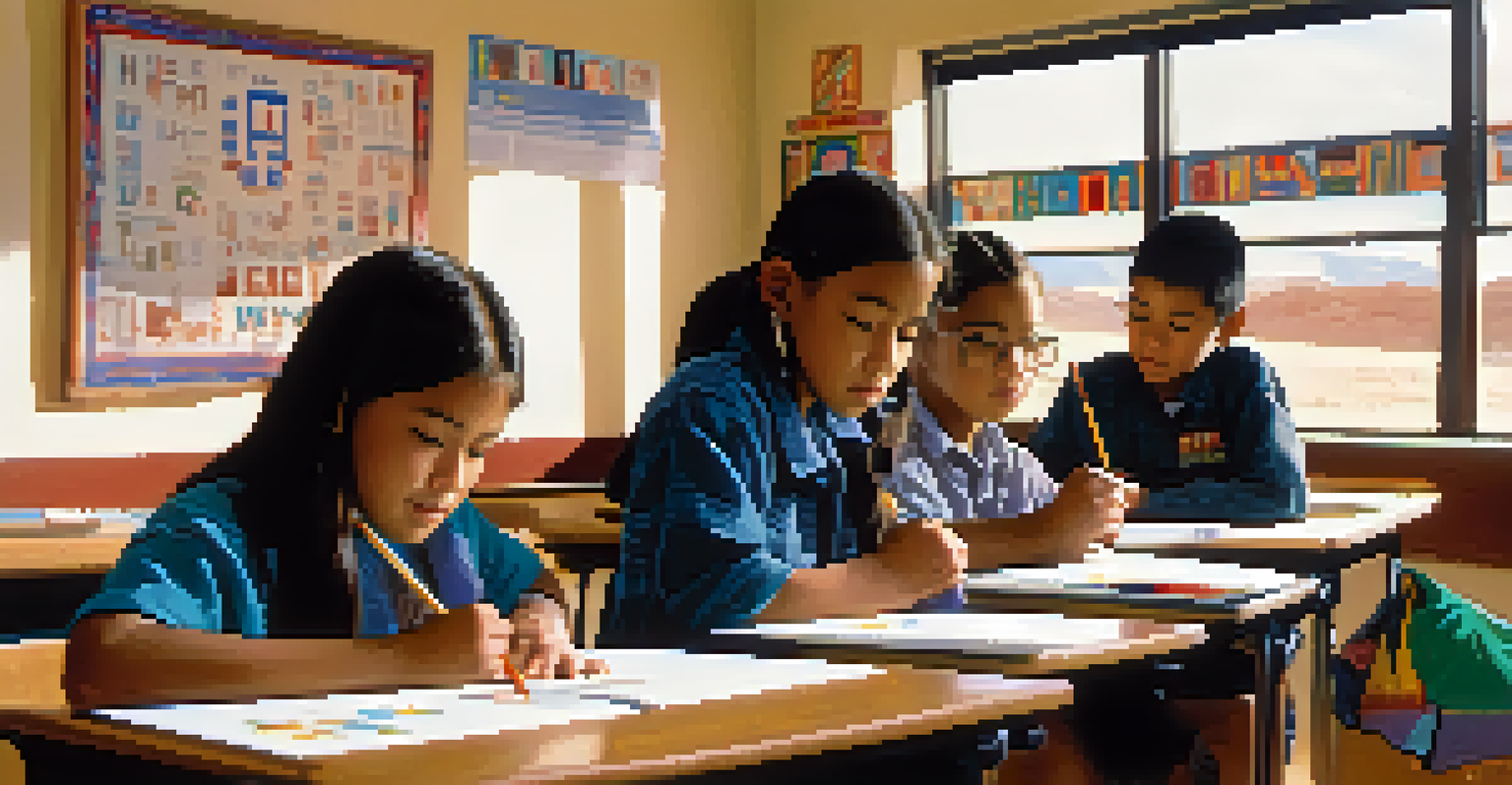 A Navajo classroom with young students learning the Navajo language together, surrounded by educational posters and a teacher, with natural light coming in through the windows.