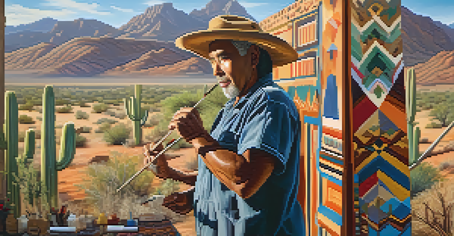 An Indigenous artist creating a mural that captures the cultural heritage of Arizona's landscapes, set in a vibrant outdoor environment.