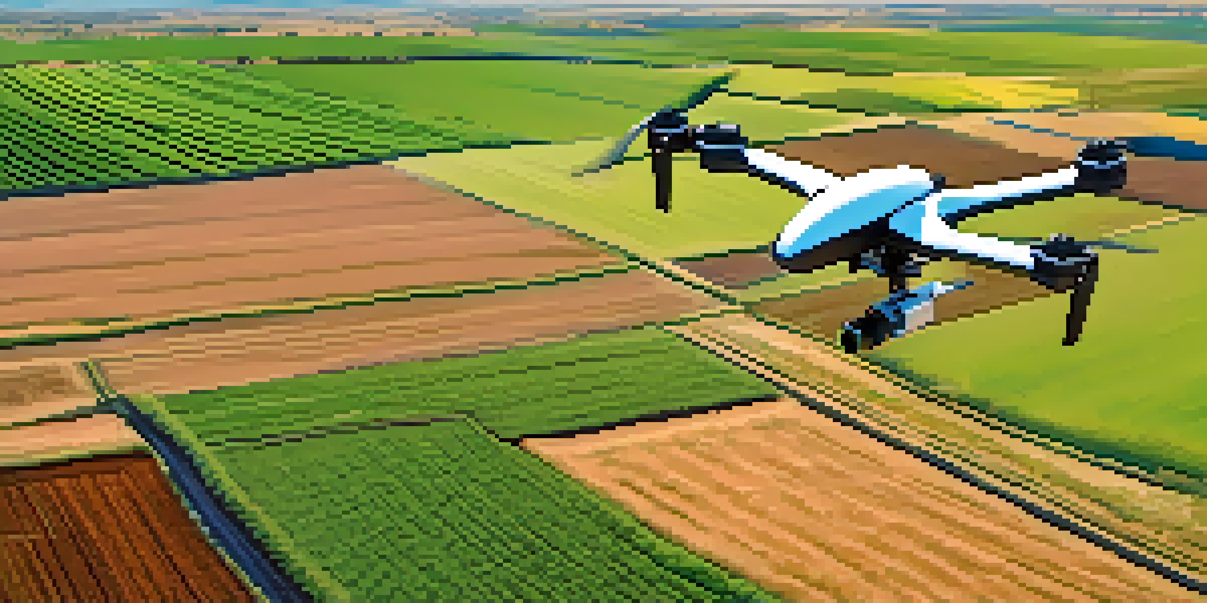 A farmer flying a drone over green agricultural fields in Arizona, with a clear blue sky in the background.